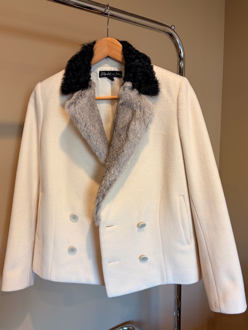 Elizabeth and James Women’s Cream Wool Double-Breasted Coat with Real Fur Collar
